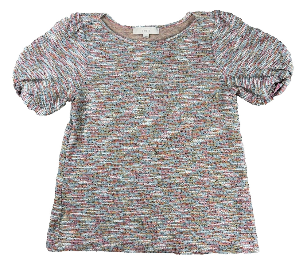 LOFT Womens S Multicolor Boucle Tweed Knit Puff Sleeve Top Short Sleeve